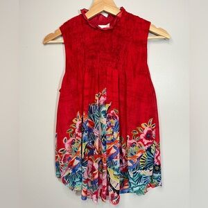 Anthropologie Deletta Red Floral Flowy Sleeveless Ruffle Top Women’s XS